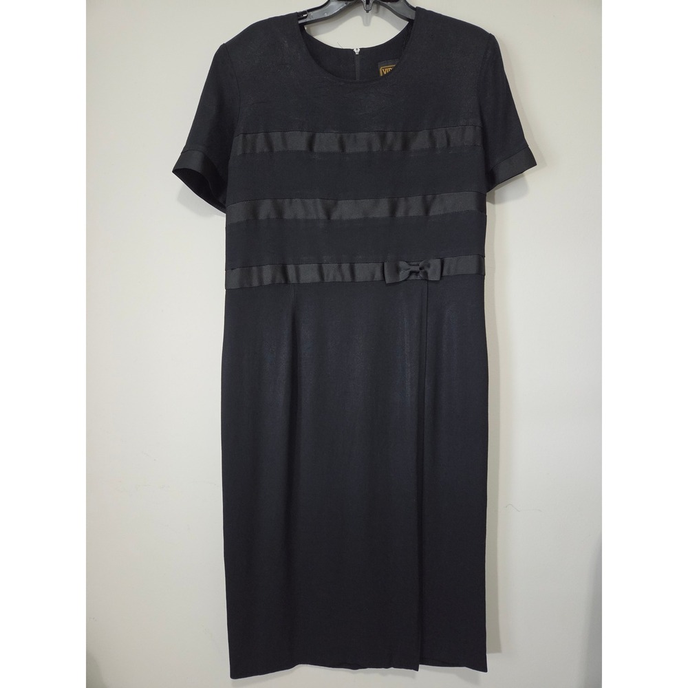 Vintage Virgo II Black Ribbon Bow Sheath Dress Short Sleeve Midi Size 16